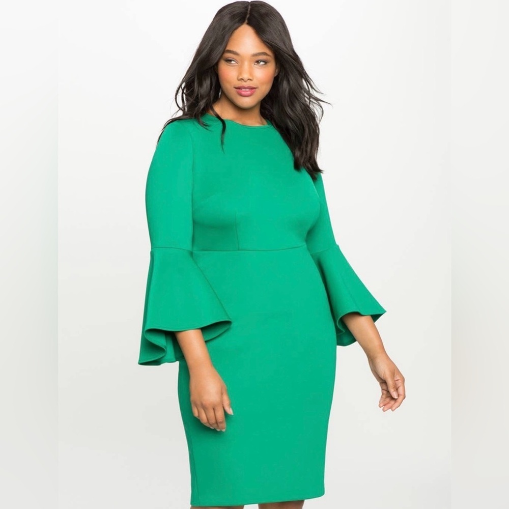 Eloquii Flare Sleeve Scuba Pencil MIDI Dress Plus Size Solid Emerald Green 22